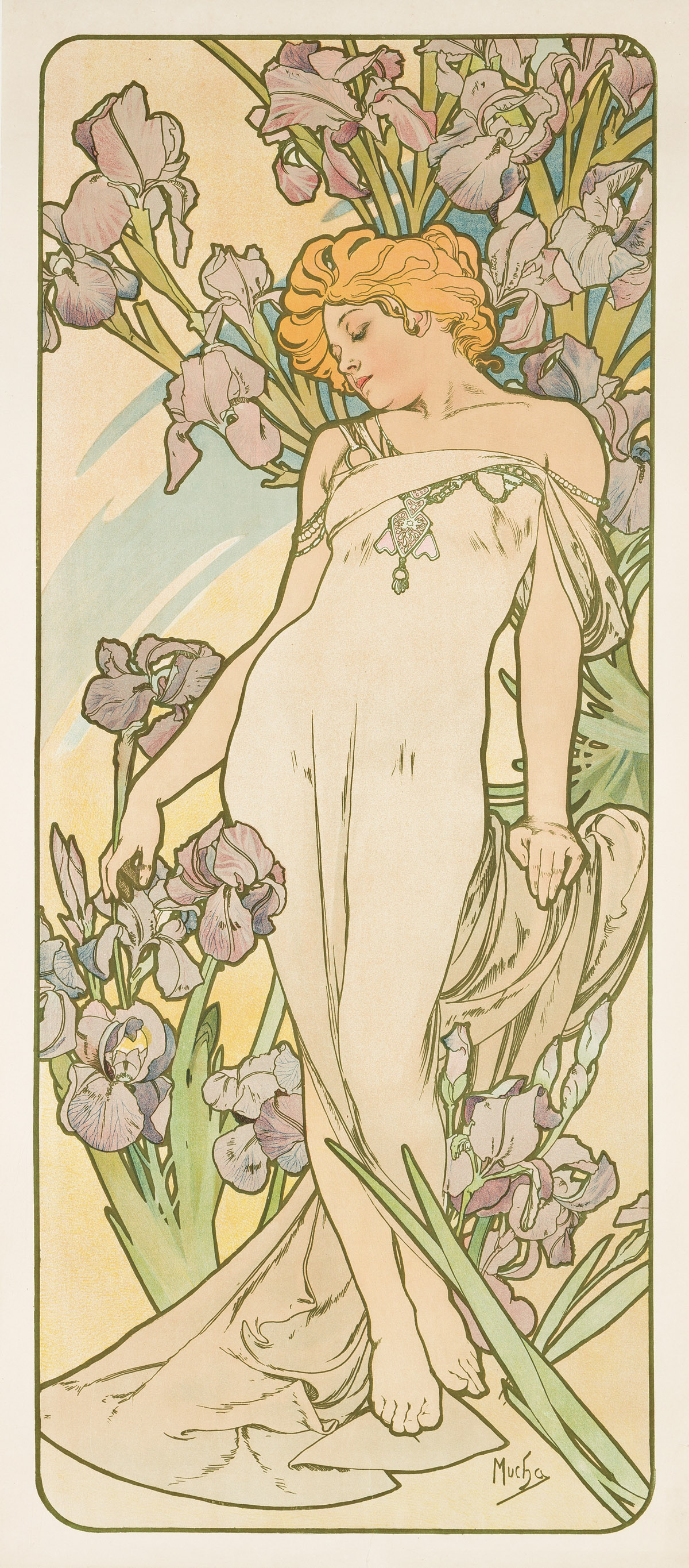 ALPHONSE MUCHA (1860-1939).  [THE FLOWERS / IRIS.] 1898. 41¾x18¼ inches, 106x46¼ cm. [F. Champenois, Paris.]